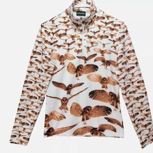 Golfino Owl Print Qtr Zip Golf Shirt Womens 6 White Brown Stretch Bird German